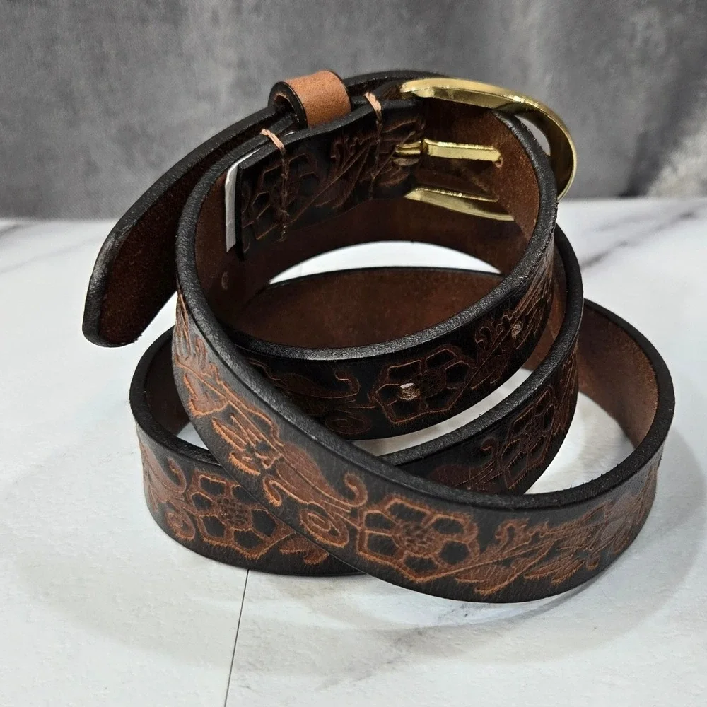 Gloria Vanderbilt Belt Womens L Brown Leather Tooled Floral Western Casual
